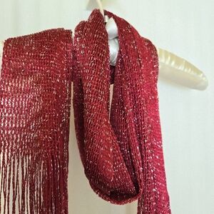 Lightweight / Sheer Knit Deep Red Scarf With Silver